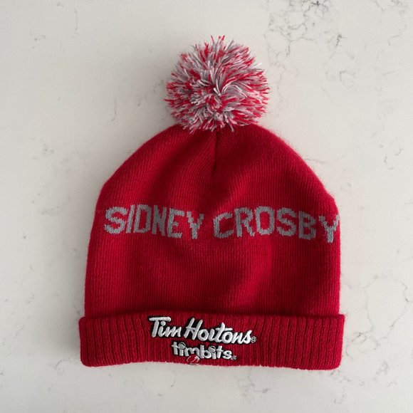 Tim Hortons Sidney Crosby Knit 100% Acrylic Toque w Pom Pom Red Grey White Sz OS - Picture 5 of 10
